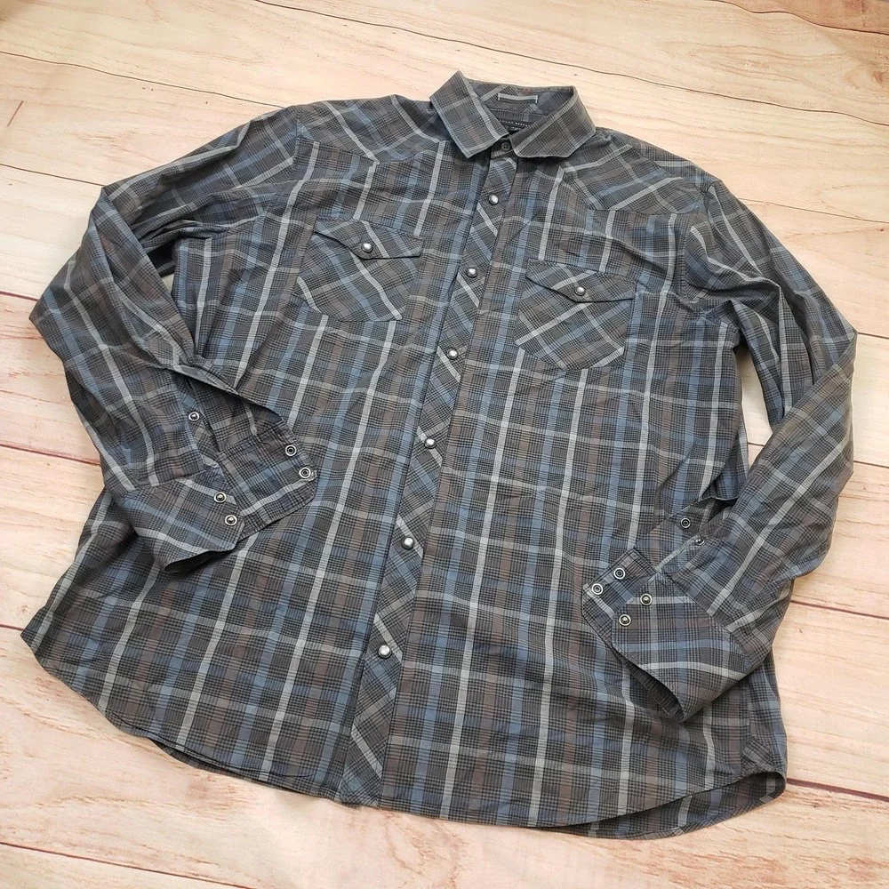 Banana Republic Shirt Mens XL Blue Gray Plaid Pearl Snap Long‎ Sleeve Western